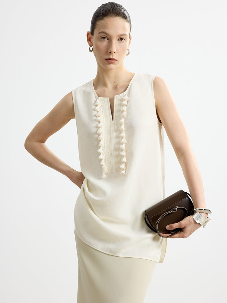 Fringe V-Neck Sleeveless Tops_BDHL7652