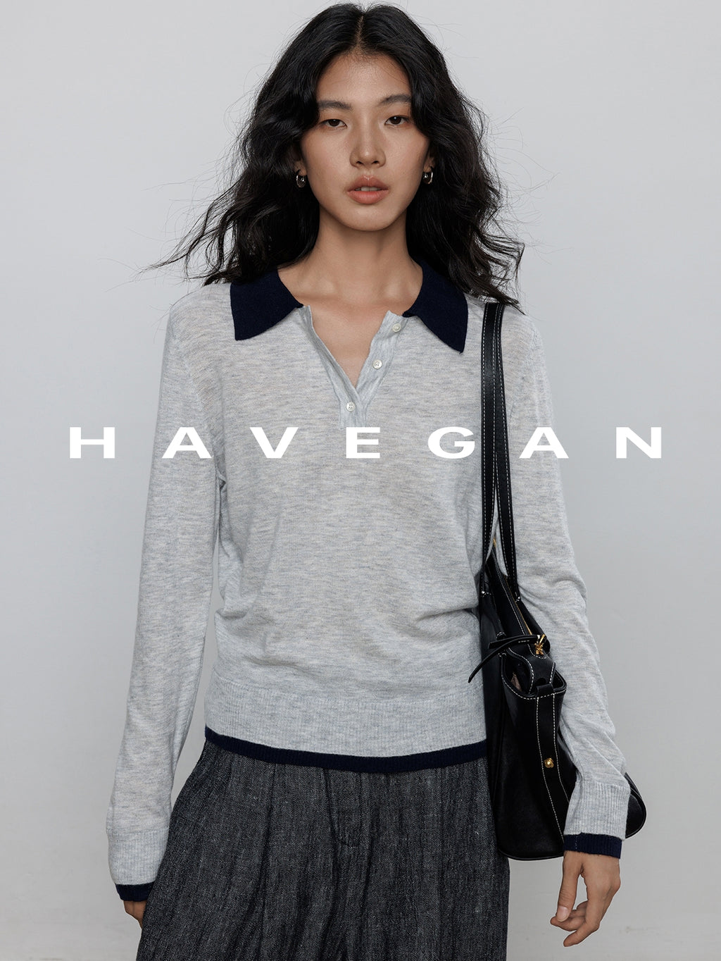 Contrast Collar Long-Sleeved Tops_BDHL7694