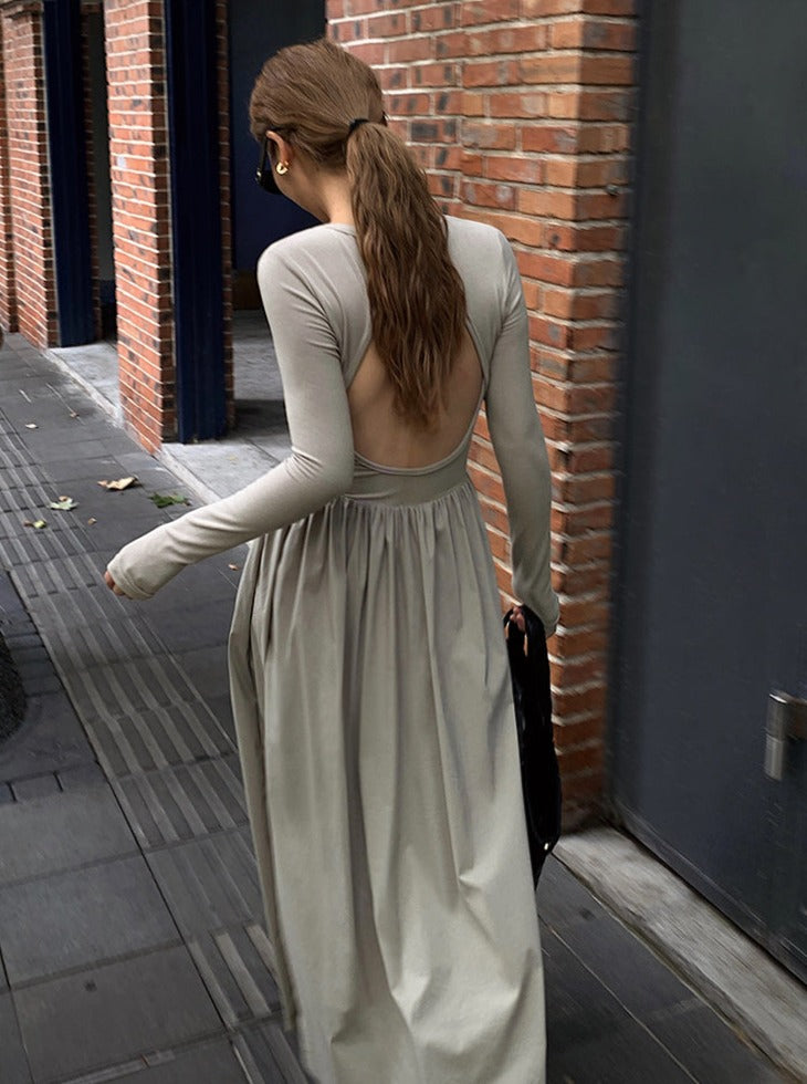 Backless Long Sleeve Gray Dress_BDHL6196