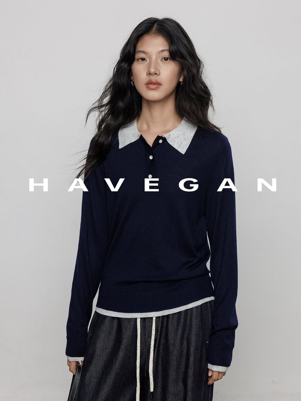 Contrast Collar Long-Sleeved Tops_BDHL7694