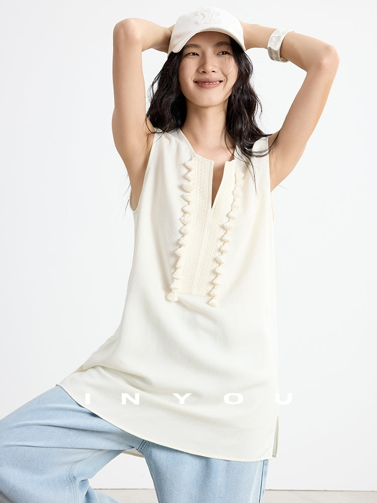 Fringe V-Neck Sleeveless Tops_BDHL7652