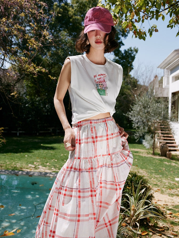 Red Chequered Swing Skirt_BDHL7473