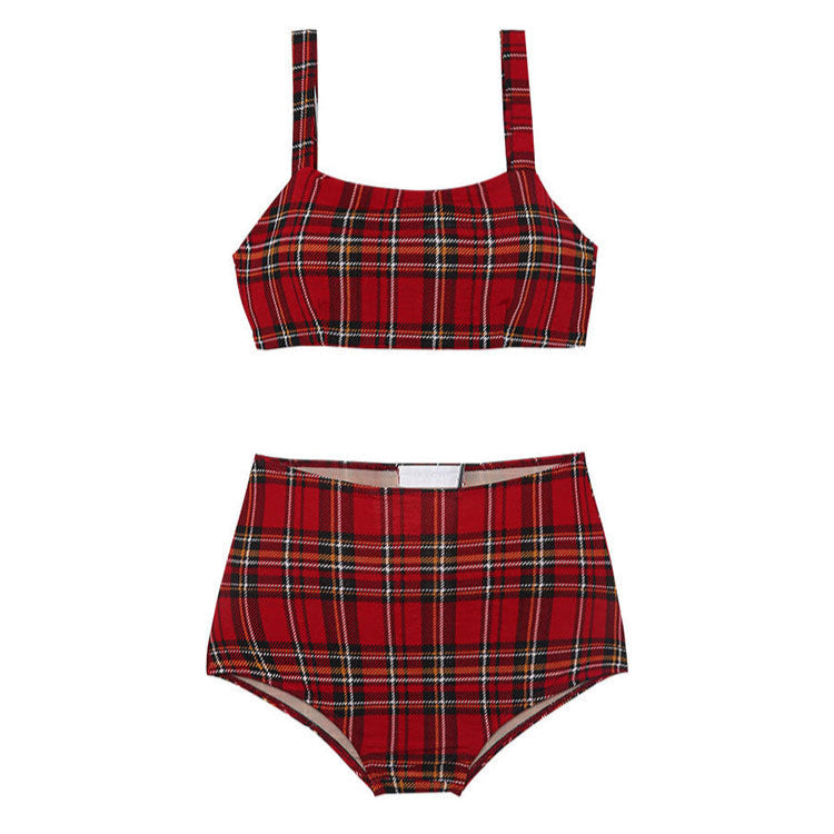 Split High Waist Tartan Check Bikini_HL3232