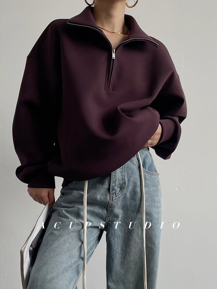 Half Zip Stand Collar Sweatshirt_BDHL6470