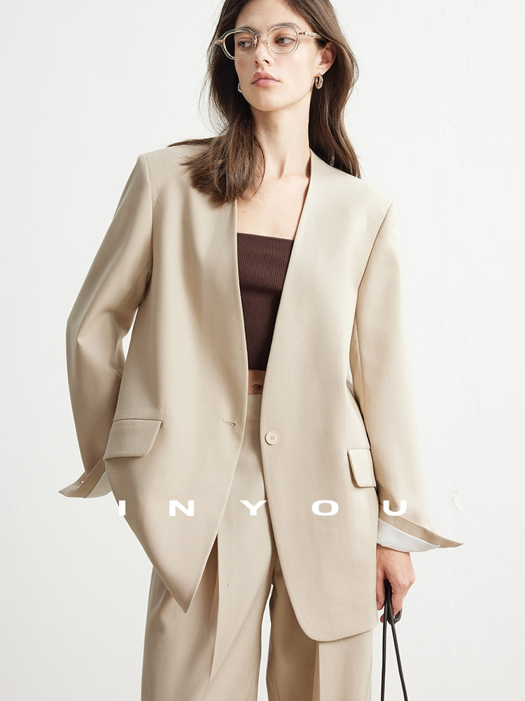 Collarless V-Neck Suit Jacket_BDHL6949