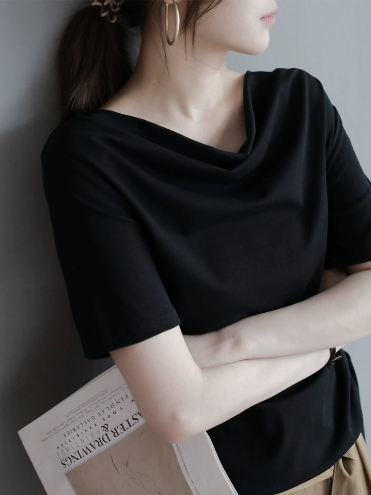 Swing Collar Side Lace Tencel Short Sleeve T-Shirt_BDHL7300