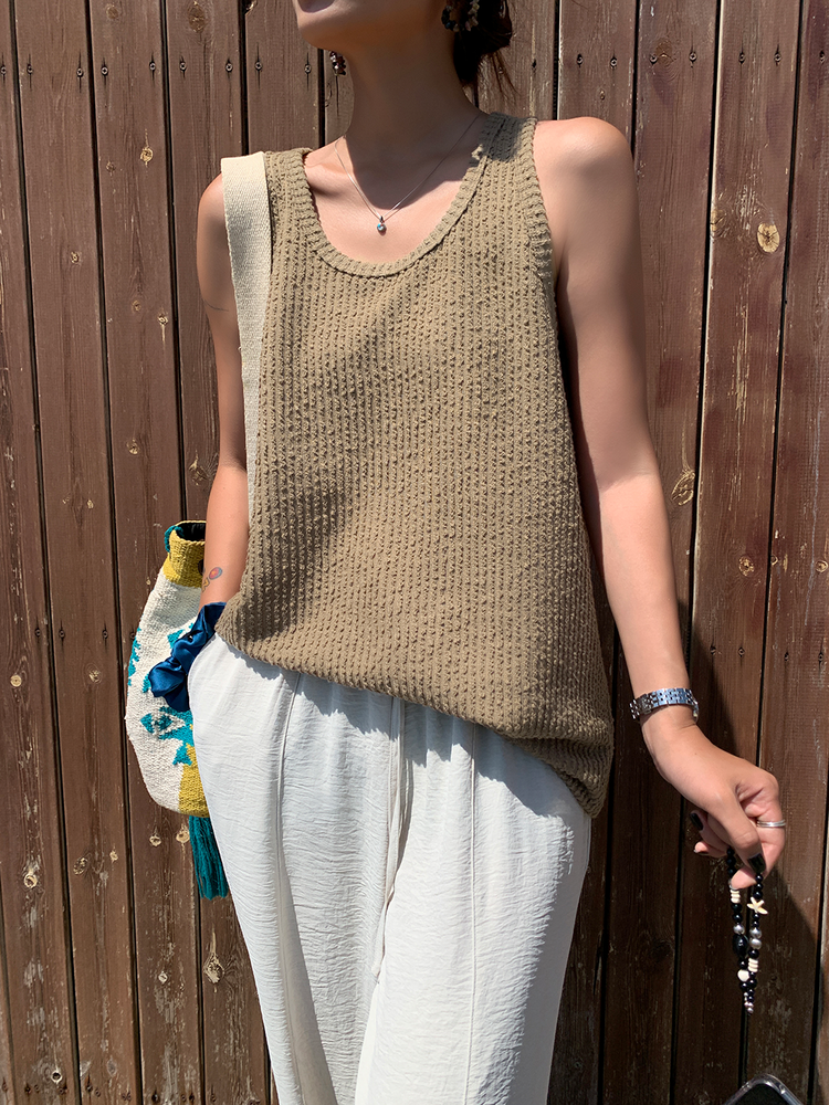 Textured Loose Sleeveless Tank Top_BDHL6069