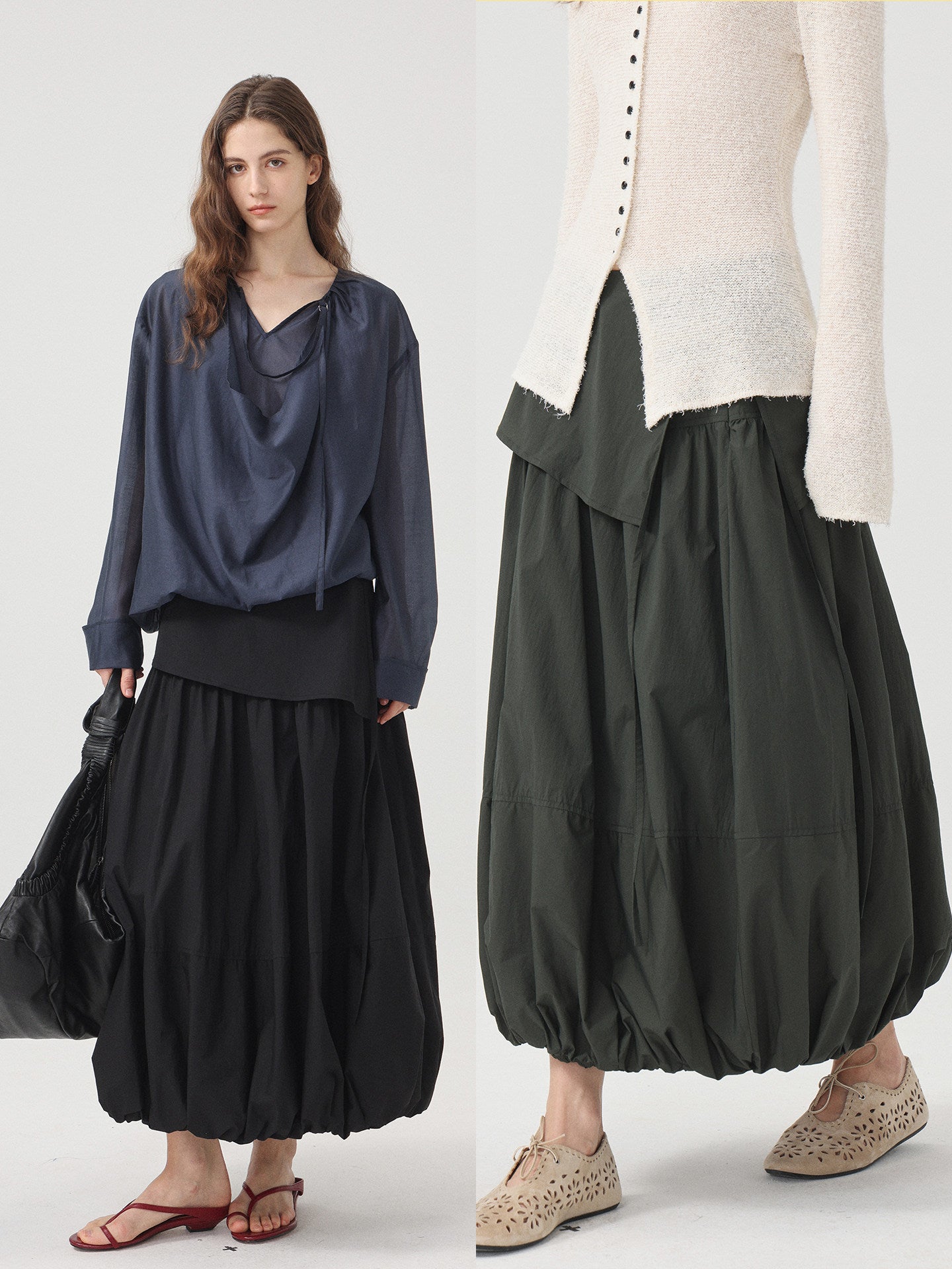 Balloon Bud A-Line Midi Skirt_BDHL8209