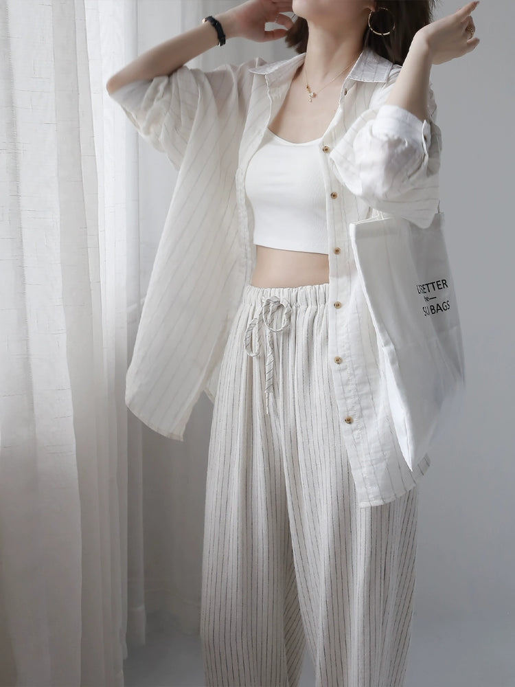 Striped Cotton-Linen Long Sleeve Sunscreen Shirt_BDHL7293