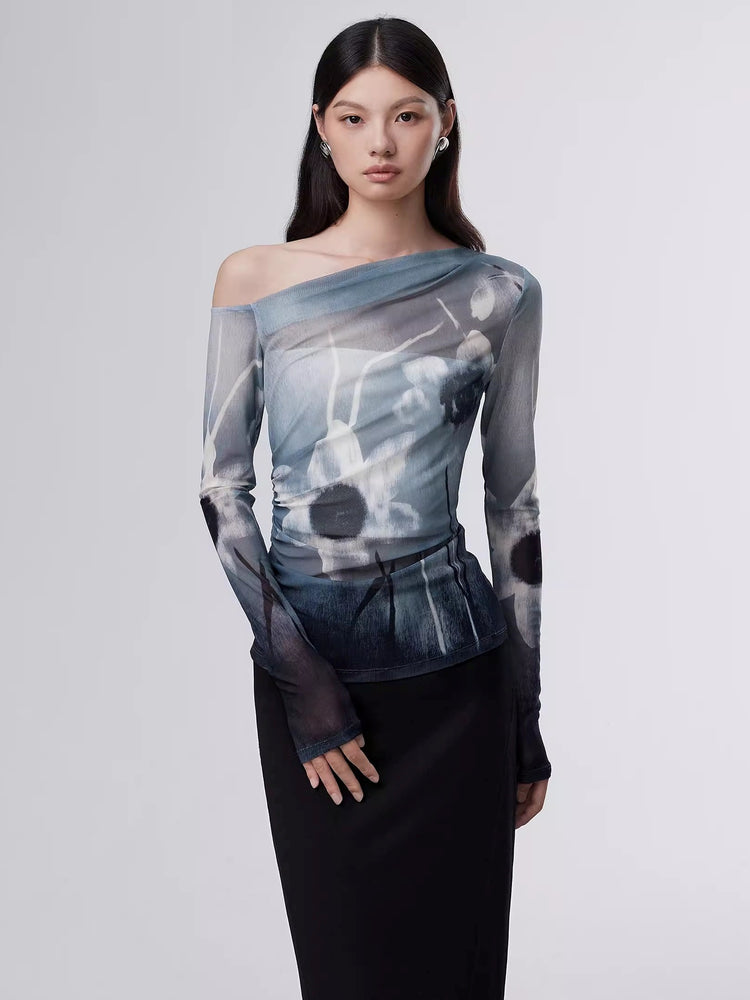 Asymmetric Shirring Sheer Tops_BDHL6324