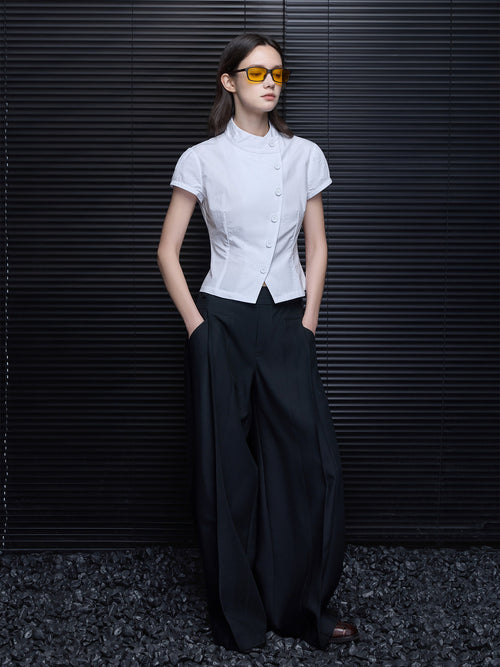 Asymmetric-Placket Short-Sleeve Shirt_BDHL8278