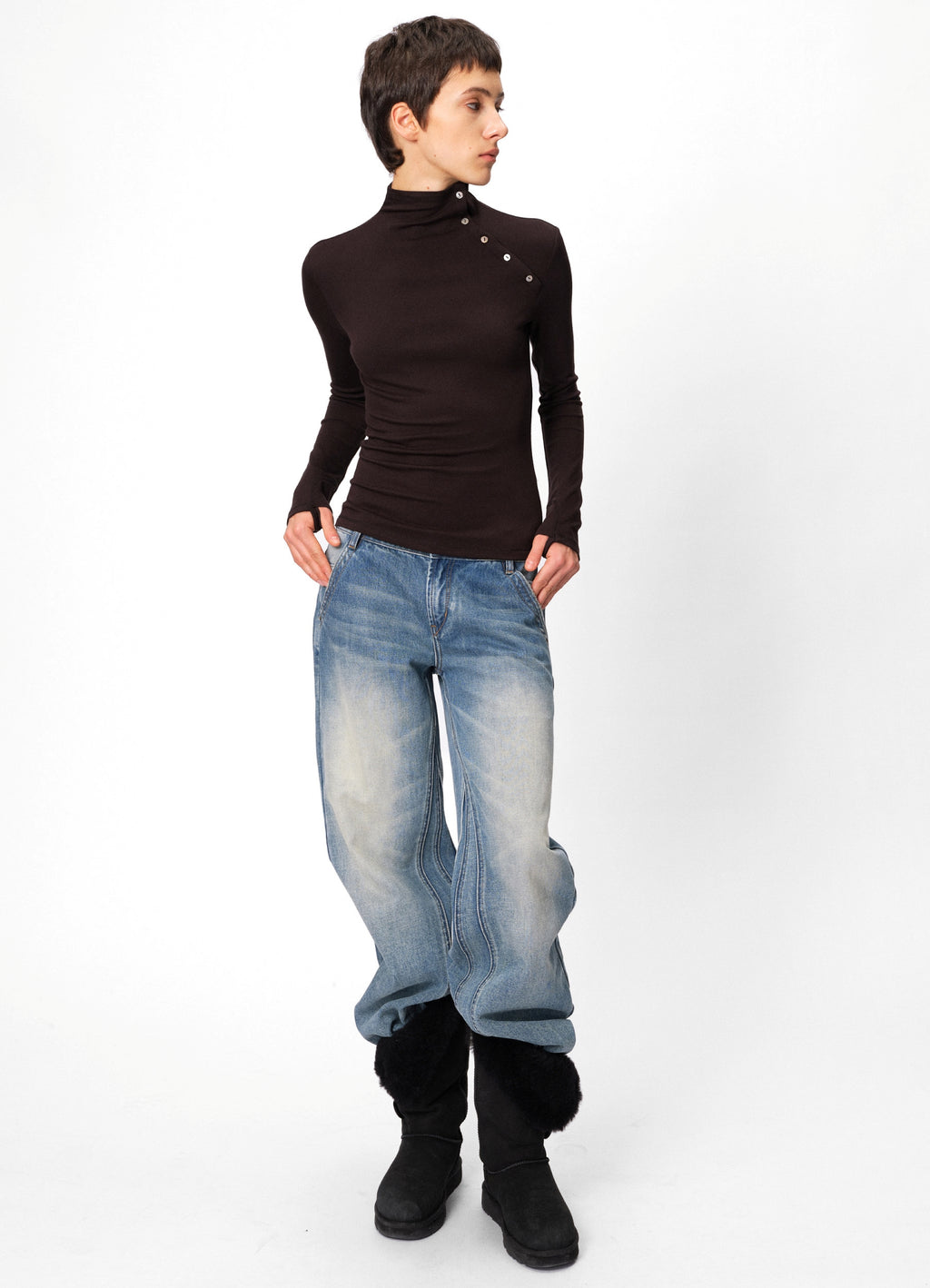 High-Neck Button Slim-Fit Tops_BDHL8105