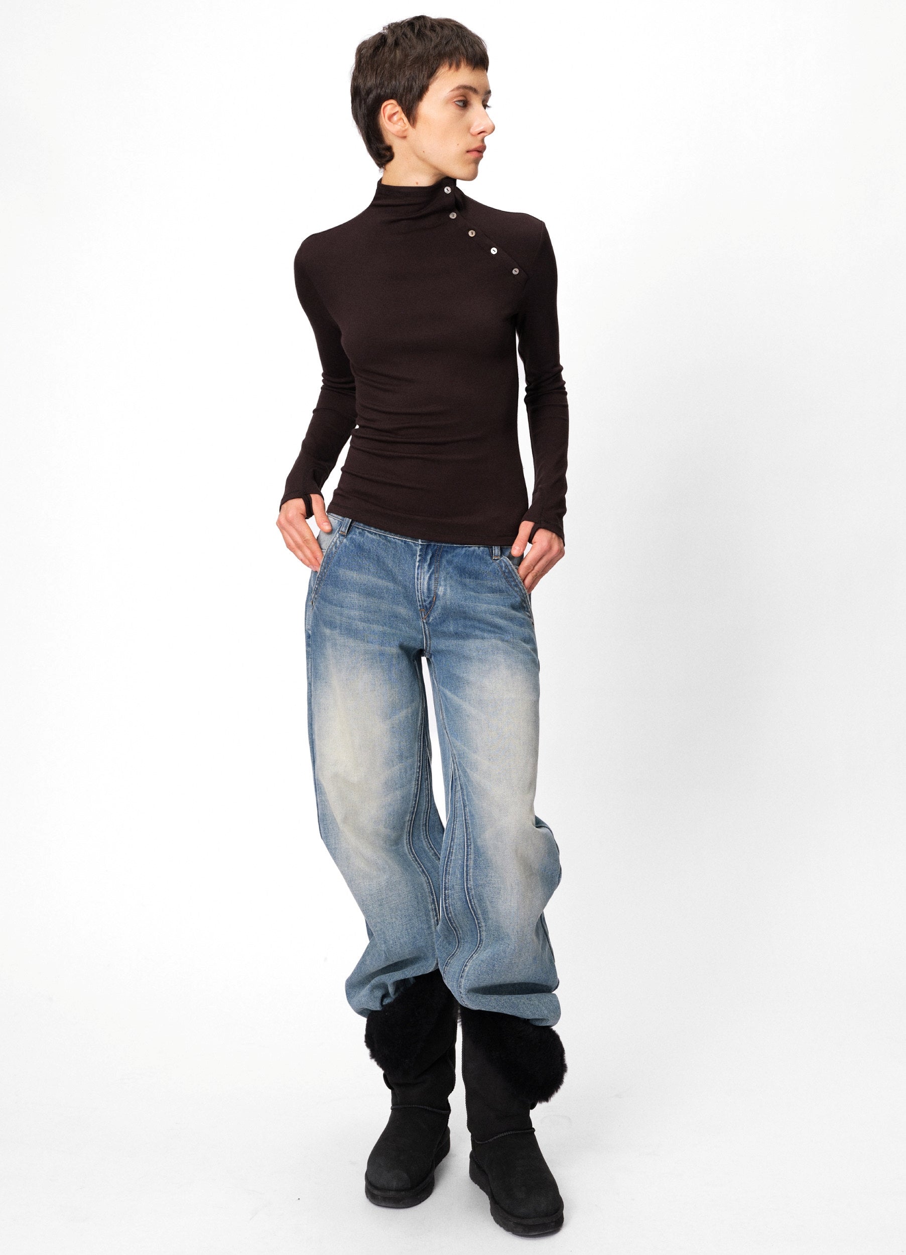 High-Neck Button Slim-Fit Tops_BDHL8105