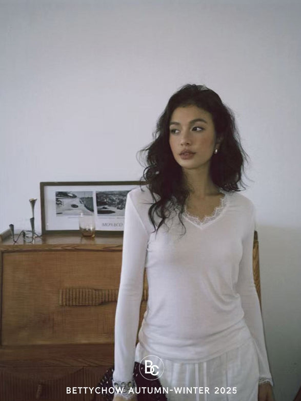 蕾絲V領長袖上衣_BDHL8058