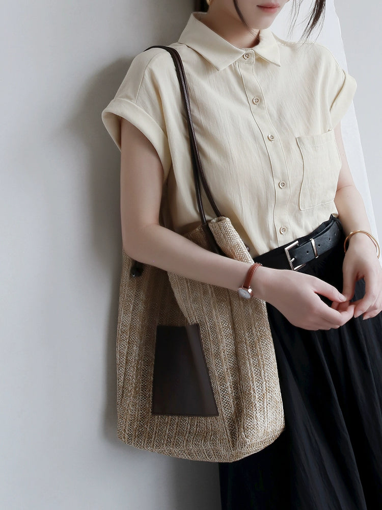 Simple Cow-Ear Sleeve Short-Sleeve Blouse_BDHL7292