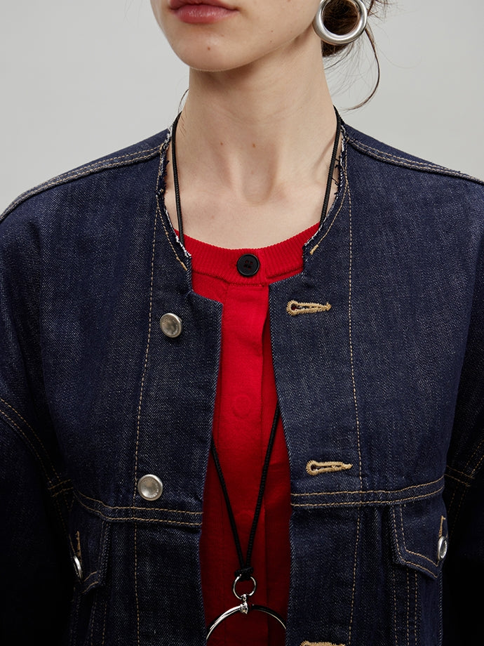 Retro Collarless Denim Jacket_BDHL7197