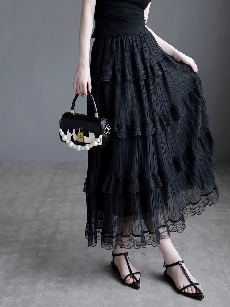 Mesh Lace Medium Length Skirt_BDHL7417