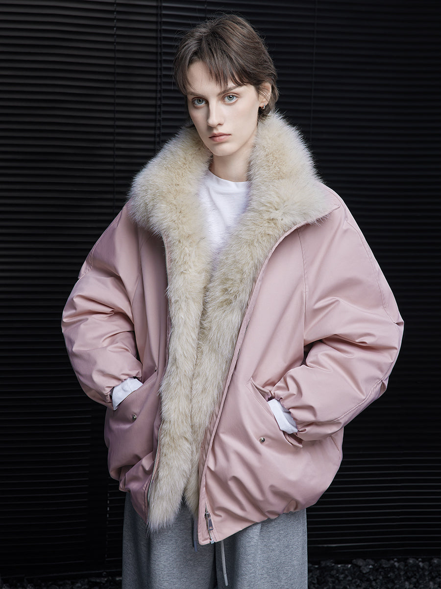 Faux Fur Collar Pink Down Jacket_BDHL7868