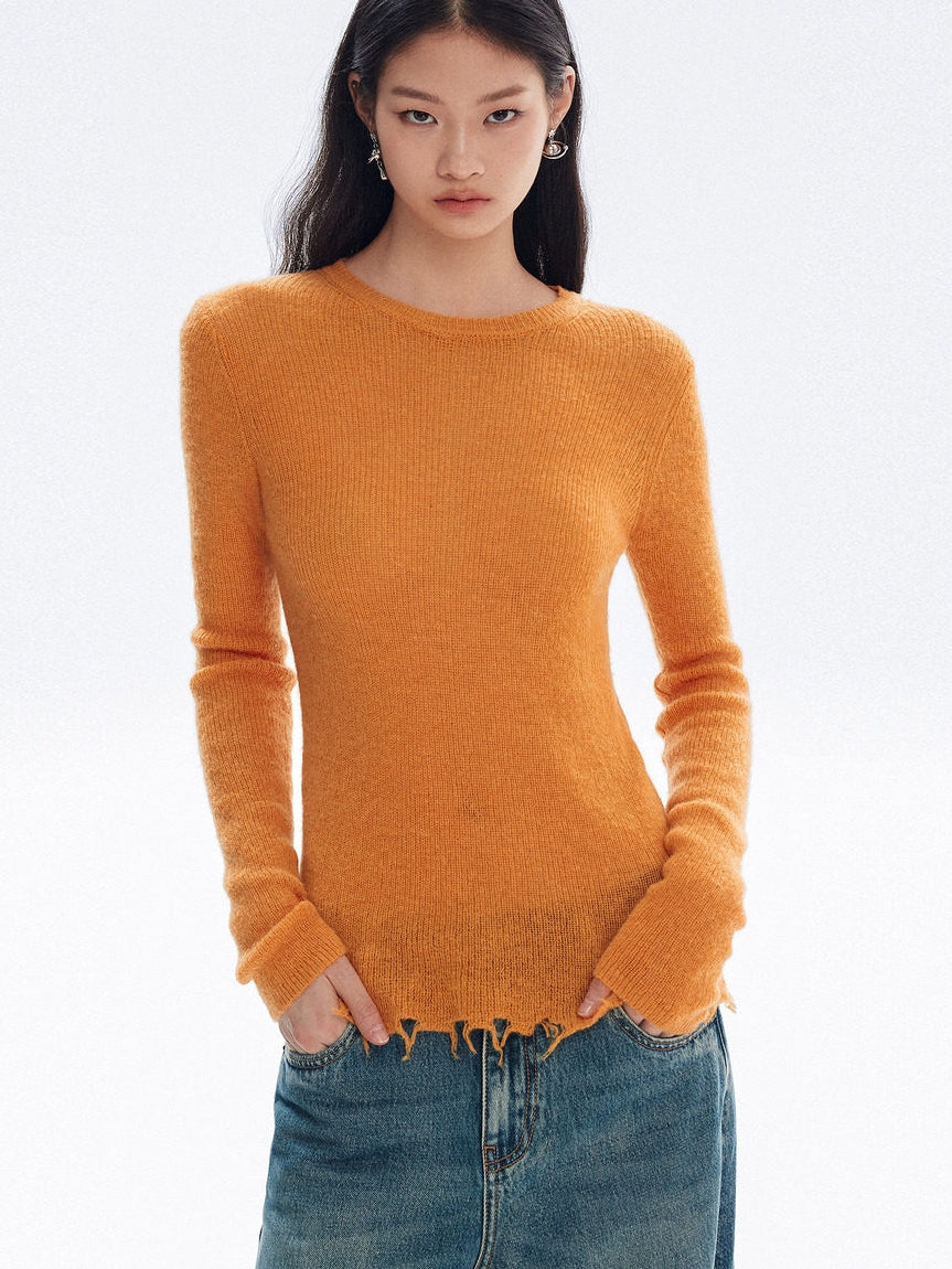 Irregular Frayed Hem Knit Tops_BDHL8146