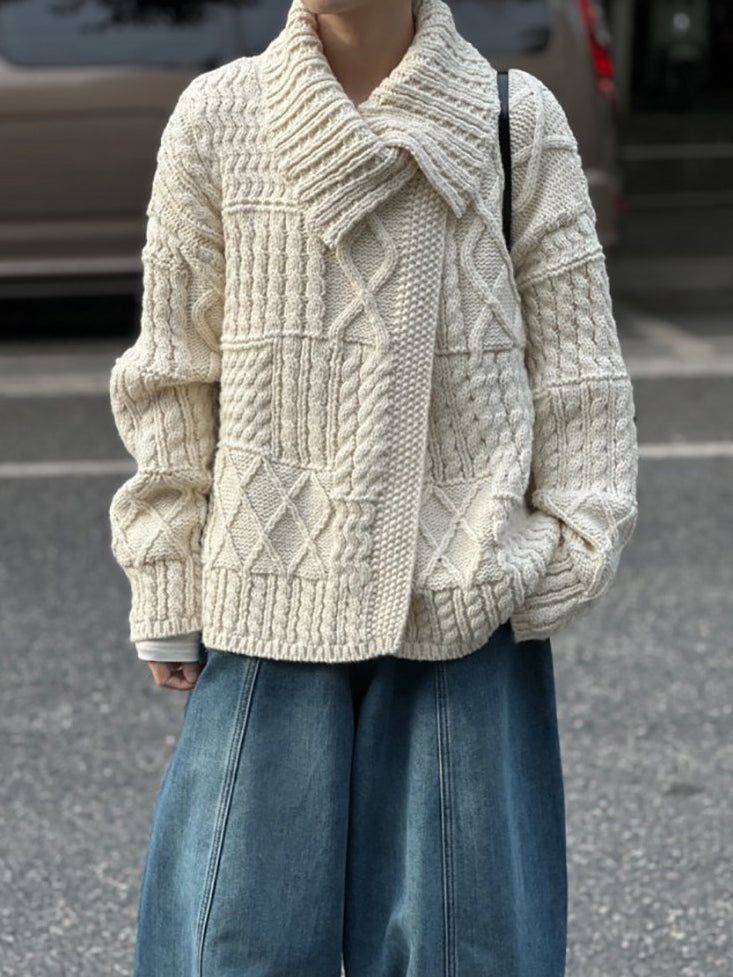 領口飾邊麻花針織開襟衫_BDHL8135