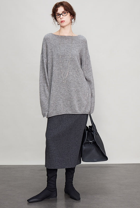 Gray Back Slit Tweed Skirt_BDHL6693