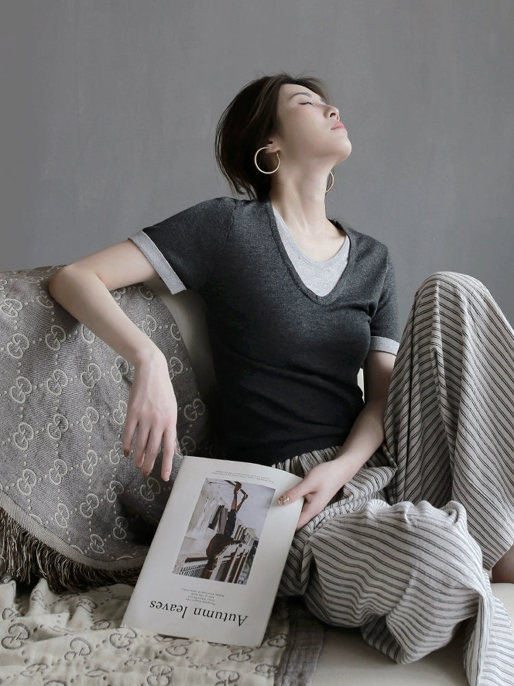 Soft Crew Neck Fake Two-Piece Knit Tee_BDHL7313