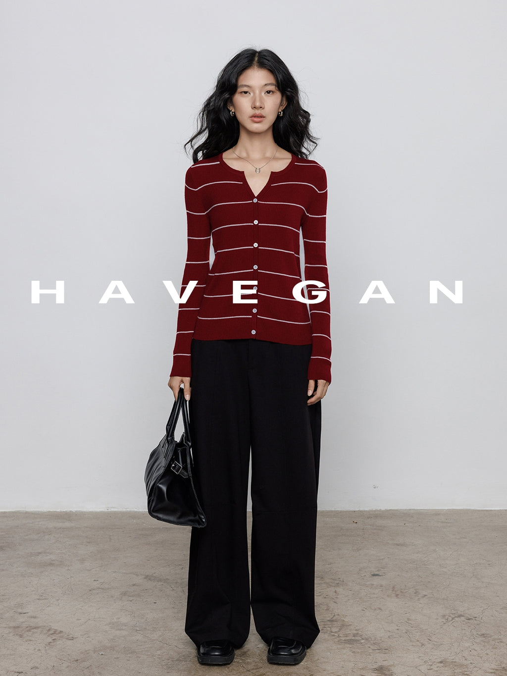 V-Neck Striped Knit Cardigan_BDHL7780