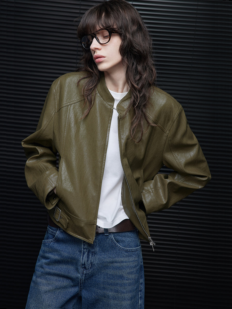 Green Short Leather Jacket_BDHL7798
