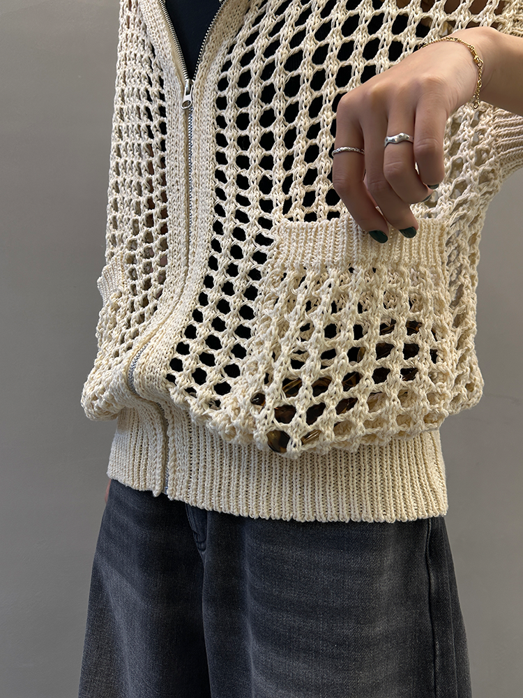 Hooded Hollow Knit Cardigan_BDHL7157