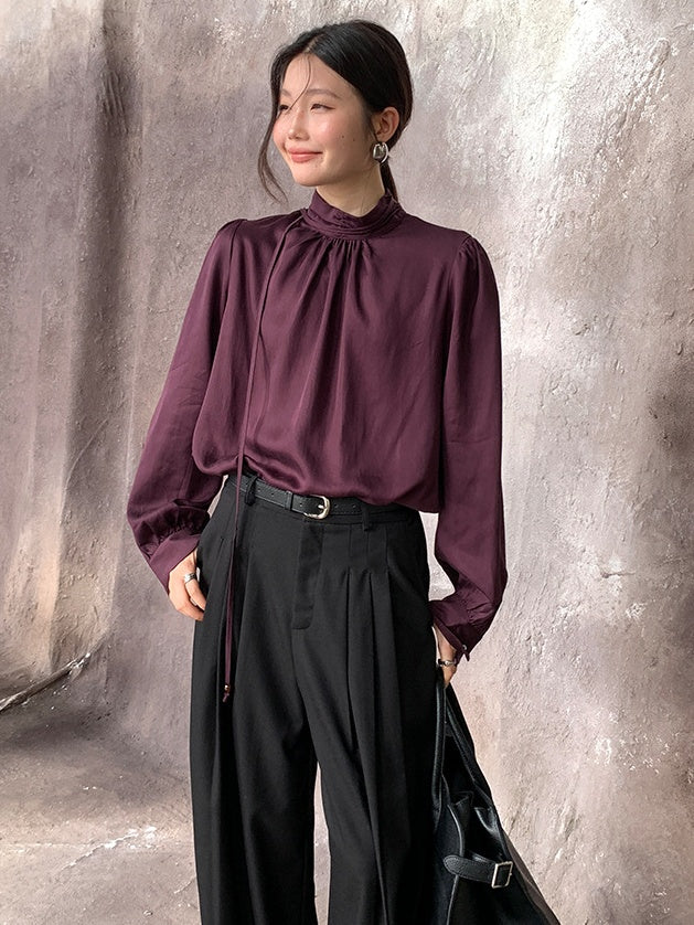 Stand Collar Tucked Blouse_BDHL6454