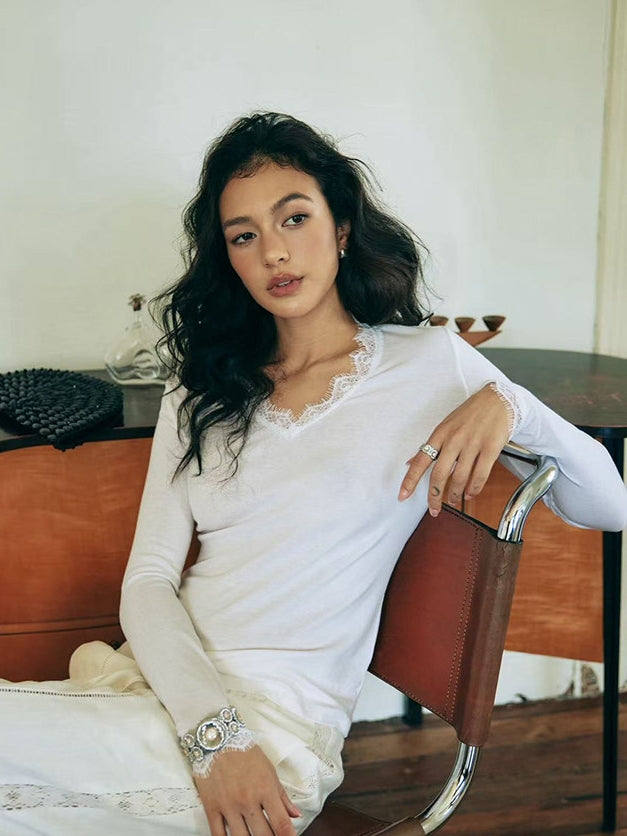 蕾絲V領長袖上衣_BDHL8058