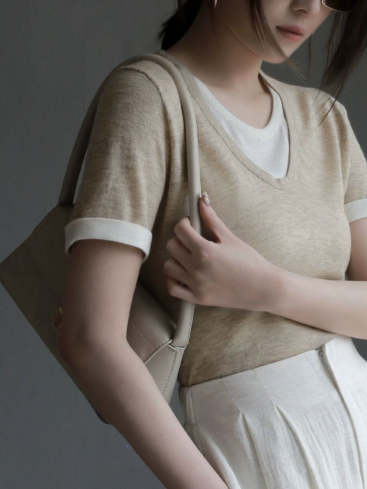 Soft Crew Neck Fake Two-Piece Knit Tee_BDHL7313