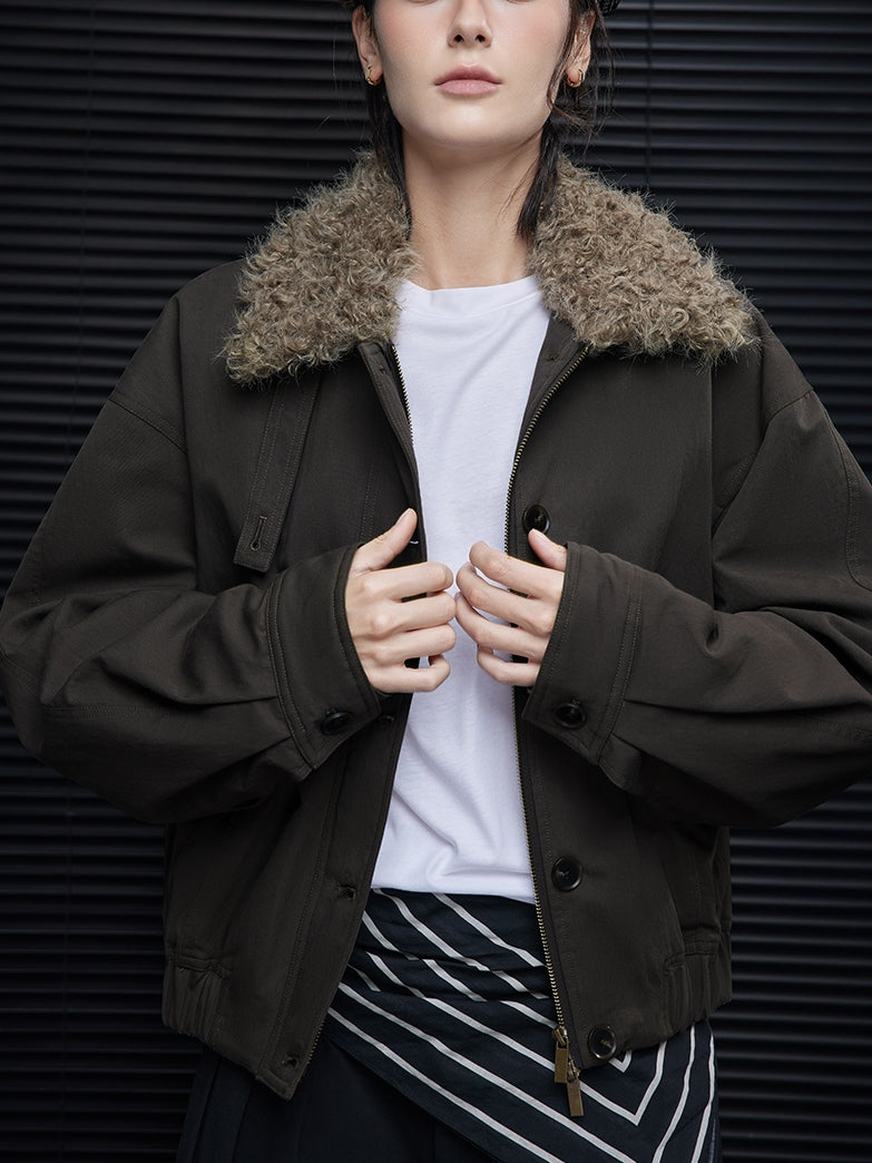Loose-Fit Fur-Collar Brown Jacket_BDHL7867