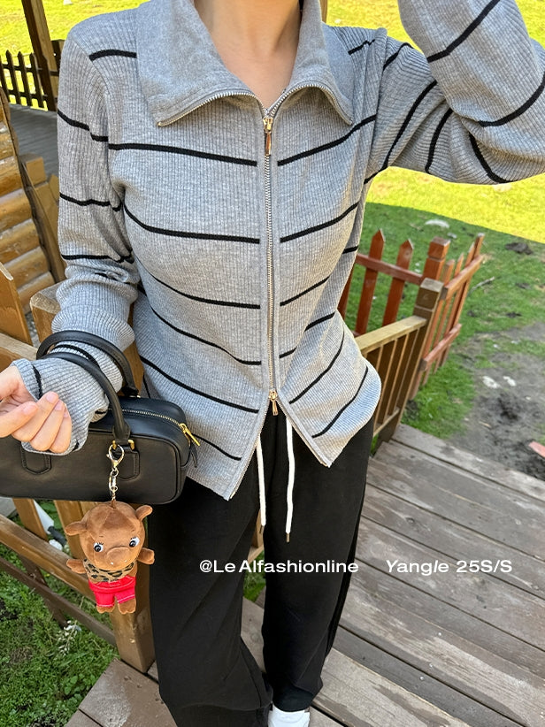 Striped Zip-Up Knit Cardigan_BDHL7660