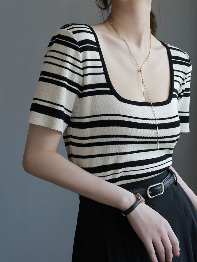 Striped Square Neck T-Shirt_BDHL6046