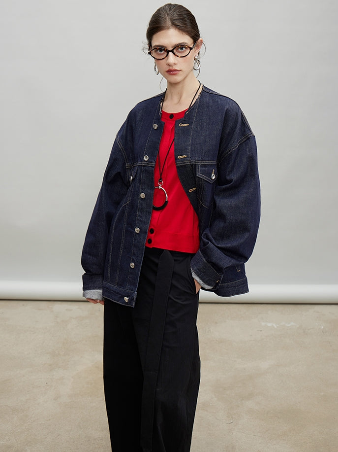 Retro Collarless Denim Jacket_BDHL7197