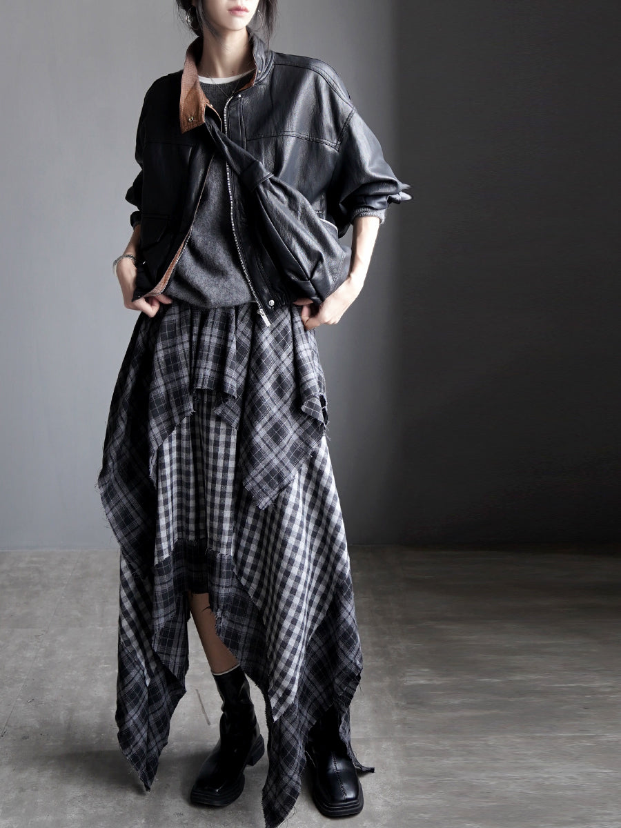 Checkered Asymmetrical Midi Skirt_BDHL7933
