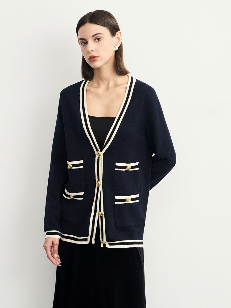 Bicoloured V-Neck Knitted Cardigan_BDHL6626