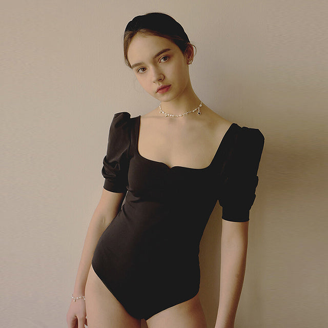 French Retro Puff Sleeve Backless Swimsuit_HL3236