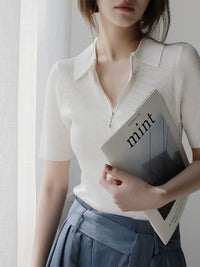 Lyocell Acetate Half-Zip Polo Knit Top_BDHL7302