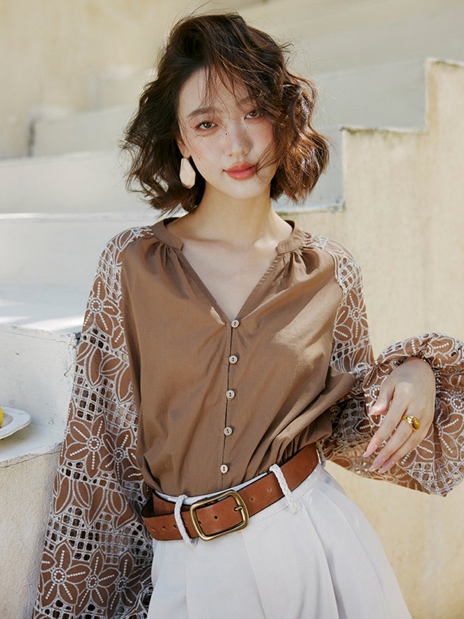 Patchwork Lantern Sleeveless Shirt_BDHL7474