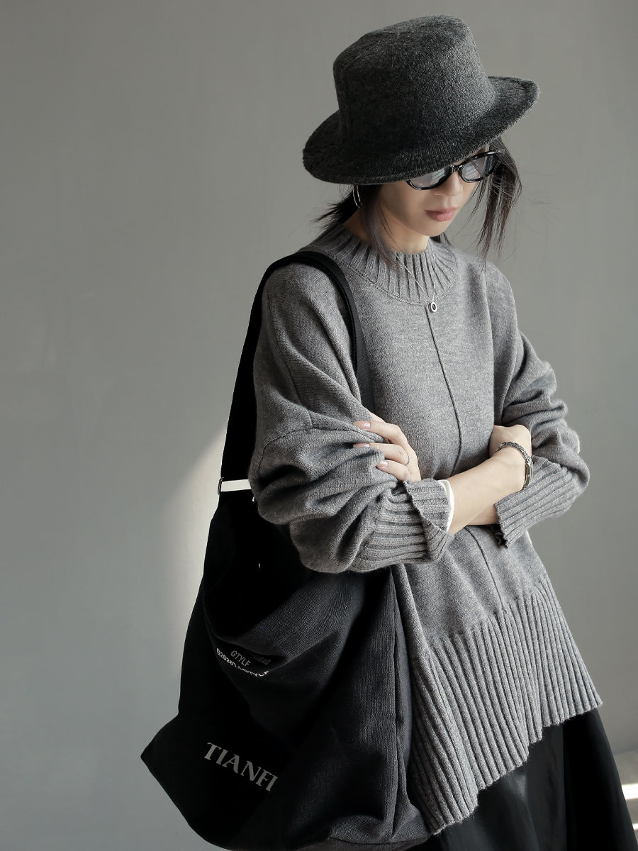 Crew-Neck Loose-Hem Knit Tops_BDHL7927