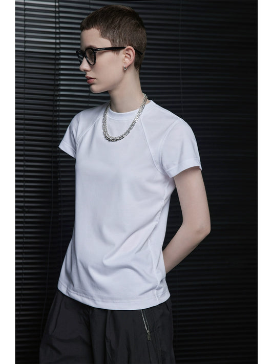 White round-neck loose-fitting short-sleeved T-shirt_BDHL5924