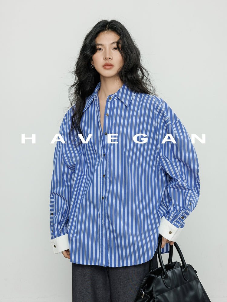 Contrast Cuff Striped Shirt_BDHL7068