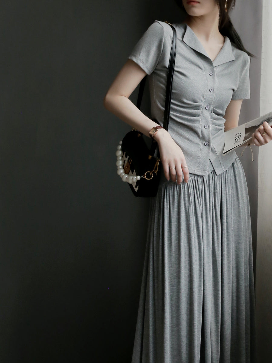 Waist Pleated Front Button Tops_BDHL7581