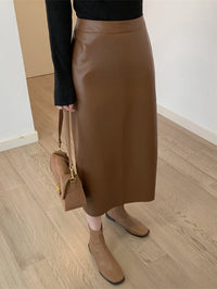 PU Leather Back Slit Skirt_BDHL6766