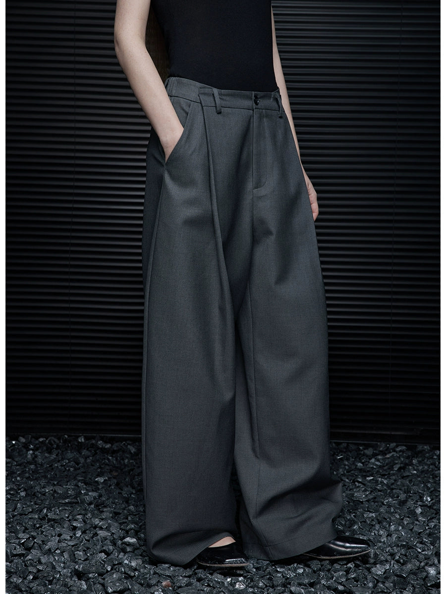 Gray Mid-Rise Drape Unique Pants_BDHL7639