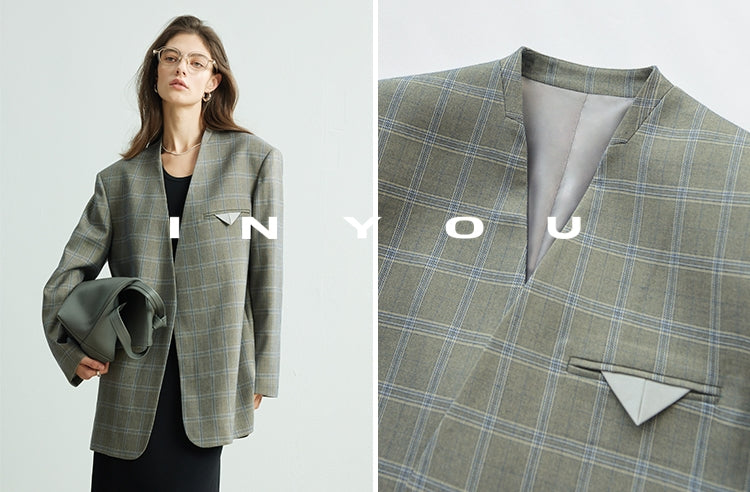 Chequered Collarless Jacket_BDHL7154