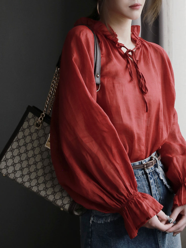 Collar Ribbon Bell Sleeve Shirt_BDHL7270