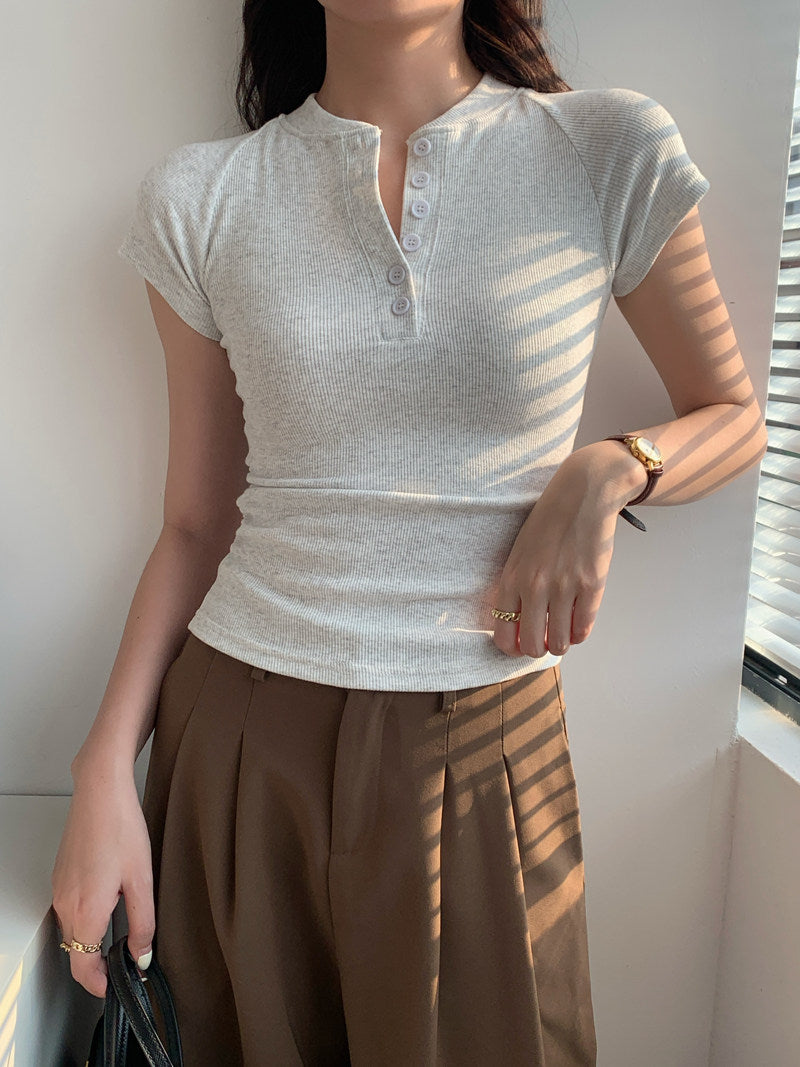 Ribbed Half-Placket Slim Tee_BDHL8364